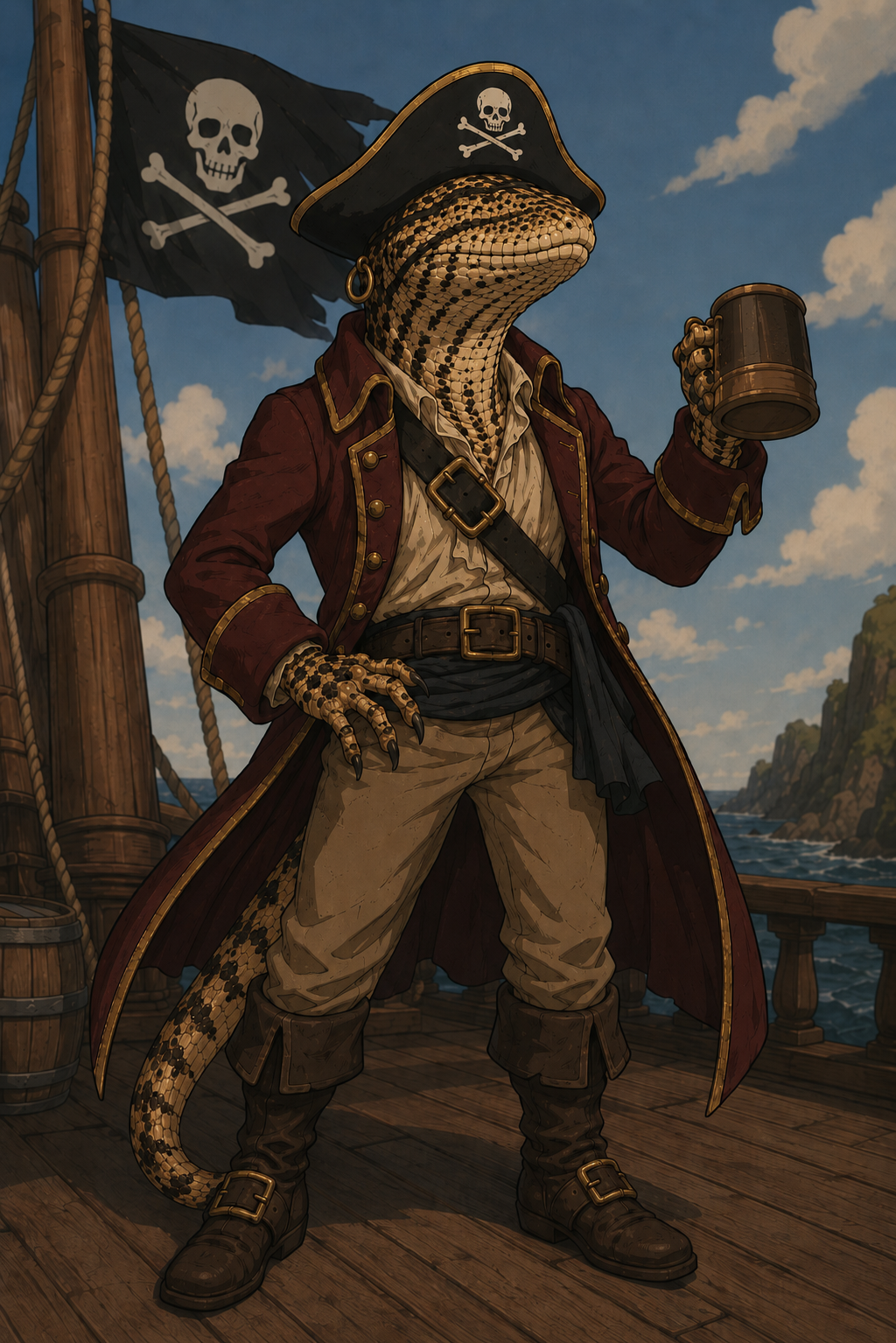 Rain, the blind serpent-folk pirate, with no eyes at all, just smooth scaled hollows where eyes would be, photographed on the deck of her ship off the Harrowmere coast